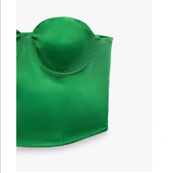 New Zara | Green Satin Effect Corset Crop Top - Picture 10 of 17